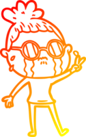 warm gradient line drawing of a cartoon crying woman wearing spectacles png