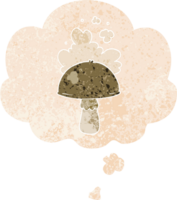 cartoon mushroom with spore cloud with thought bubble in grunge distressed retro textured style png