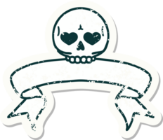 worn old sticker with banner of a skull png