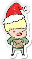 hand drawn distressed sticker cartoon of a stressed man wearing santa hat png