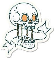 worn old sticker with banner of a skull png