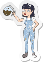 retro distressed sticker of a cartoon woman in dungarees with coffee png