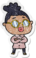 distressed sticker of a cartoon woman wearing spectacles png