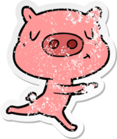 distressed sticker of a cartoon content pig running png