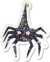 retro distressed sticker of a cartoon halloween spider in witch hat png