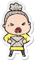 distressed sticker of a cartoon angry old woman png