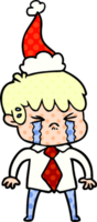 hand drawn comic book style illustration of a boy crying wearing santa hat png