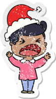 hand drawn distressed sticker cartoon of a shouting man wearing santa hat png