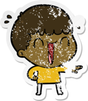 distressed sticker of a laughing cartoon man pointing finger png