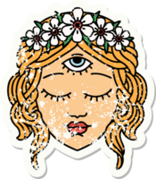 distressed sticker tattoo in traditional style of female face with third eye and crown of flowers png