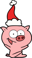 de bonne humeur séance porc main tiré ligne dessin de une portant Père Noël chapeau png