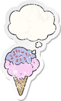 cartoon ice cream with thought bubble as a distressed worn sticker png