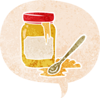 cartoon jar of honey with speech bubble in grunge distressed retro textured style png