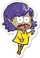 distressed sticker of a cartoon shocked elf girl pointing png