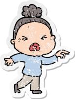 distressed sticker of a cartoon angry old woman png