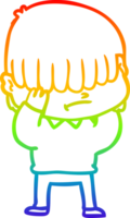 rainbow gradient line drawing of a cartoon boy with untidy hair png