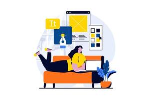 ui ux diseño concepto con personas escena en plano dibujos animados diseño. mujer crea elementos para usuario interfaz, lugares botones en diseño y trabajando a ordenador portátil. ilustración visual historia para web vector