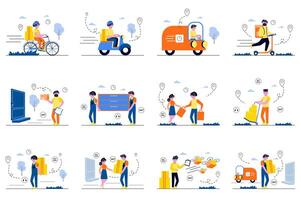 Delivery concept with tiny people scenes set in flat design. Bundle of courier delivery, truck transportation, loaders working, flying drone with parcels, fast shipping. illustration for web vector