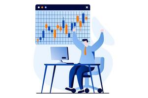 Stock market concept with people scene in flat cartoon design. Man works and trades on stock exchange, develops an investment portfolio and increases income. illustration visual story for web vector