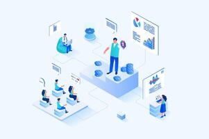 Coaching 3d isometric web design. People listen to business coach at conference and improve their professional skills, the coach optimizes business processes and workflow. web illustration vector