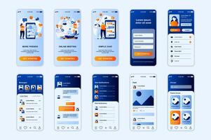 Social network concept screens set for mobile app template. People chat with friends and meet online, post photos. UI, UX, GUI user interface kit for smartphone application layouts. design vector