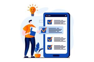 Strategic planning concept with people scene in flat cartoon design. Man develops strategy, sets tasks mobile app and organizes workflows to improve business. illustration visual story for web vector