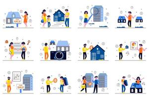 Real estate concept with tiny people scenes set in flat design. Bundle of men and women searching and buying homes and apartments, realtors sell houses and contracting. illustration for web vector