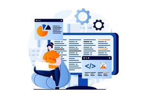 Software development concept with people scene in flat cartoon design. Woman developer working with programming language at computer and coding at screens. illustration visual story for web vector