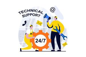 Technical support concept with people scene in flat cartoon design. Tech team answers calls, makes repairs and solves customer problems around the clock. illustration visual story for web vector