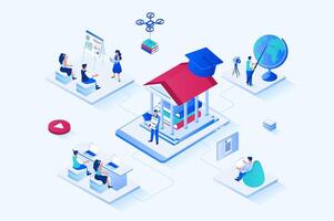 Online education 3d isometric web design. People get new skills and knowledge, read books, study at lessons in class, complete distance courses, listen teacher at conference. web illustration vector