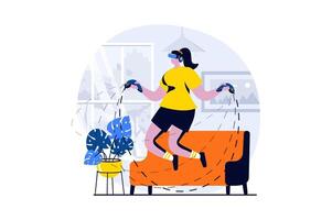 Virtual reality concept with people scene in flat cartoon design. Woman in VR glasses with controllers jumping through virtual simulation of skipping rope. illustration visual story for web vector