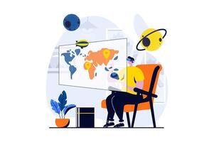 Virtual reality concept with people scene in flat cartoon design. Man in VR glasses interacting with world map on dashboard and monitoring and research. illustration visual story for web vector