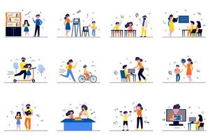 Learning process concept with tiny people scenes set in flat design. Bundle of boys and girls learning to read, drawing, ride scooter, cycling, cook at home with mentors. illustration for web vector