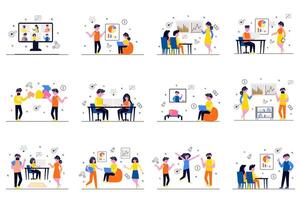 Business meeting concept with tiny people scenes set in flat design. Bundle of men and women discuss tasks in conference, work in office, analyze data and brainstorm. illustration for web vector