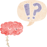 cartoon curious brain with speech bubble in grunge distressed retro textured style png