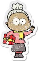 distressed sticker of a cartoon happy old woman png