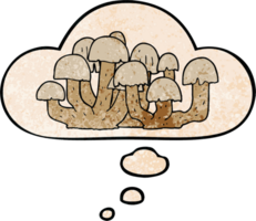 cartoon mushroom with thought bubble in grunge texture style png