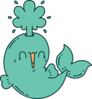 ilustración de un personaje de ballena chorreando feliz estilo tatuaje tradicional png