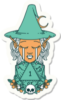 sticker of a crying elf witch with natural one D20 roll png