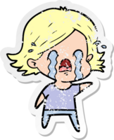 distressed sticker of a cartoon woman crying png