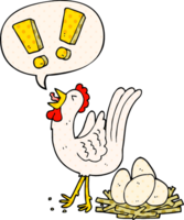 cartoon chicken laying egg with speech bubble in comic book style png