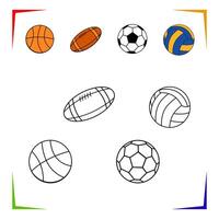 baloncesto, vóleibol, americano fútbol americano pelota colorante página. educativo hoja de cálculo. pintar juego. elementos para colorante libro, página, diseño ilustraciones en el estilo de contorno para niños. vector