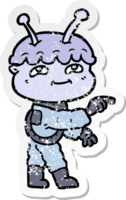 distressed sticker of a friendly cartoon spaceman pointing png