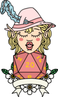 Retro Tattoo Style elf bard with natural twenty dice roll png