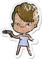 distressed sticker of a cute cartoon girl with hipster haircut png