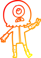warm gradient line drawing of a cartoon cyclops alien spaceman giving peace sign png