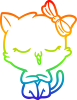 rainbow gradient line drawing of a cartoon cat with bow on head png