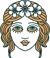 iconic tattoo style image of female face with crown of flowers png