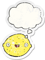 cartoon lemon with thought bubble as a distressed worn sticker png