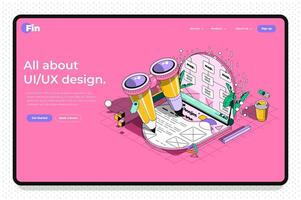 UX design concept 3d isometric outline landing page. Development of usability interface, coding, programming and prototyping, create layout. web illustration with abstract line composition. vector